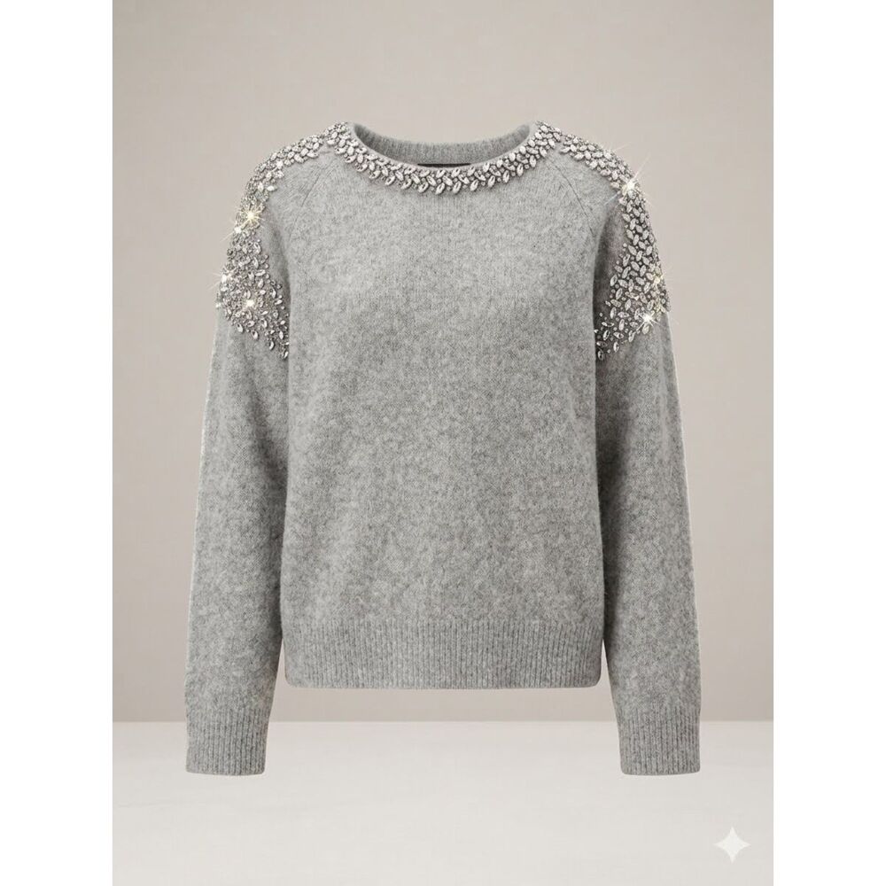 Karen Millen Embellished Trim Cosy Knit Jumper Ivory Crystal Sweater L NWT